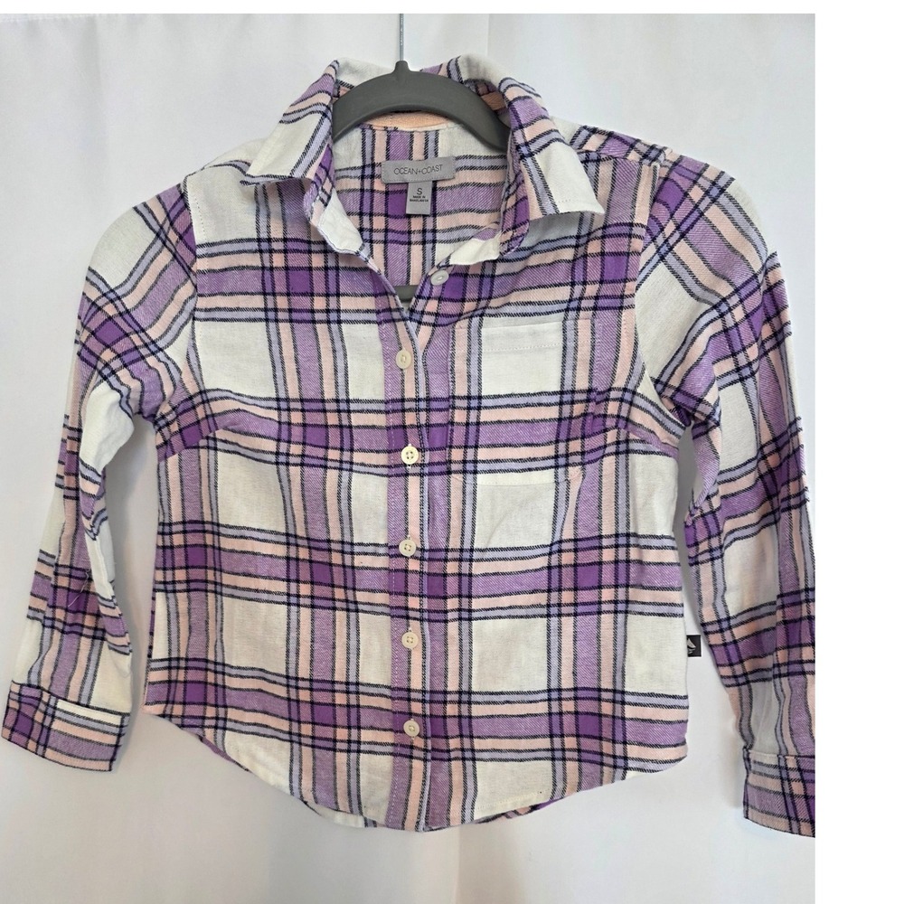 Ocean Coast Womens Plaid Button‎ Up Shirt Purple White Pink Long Sleeve Size S